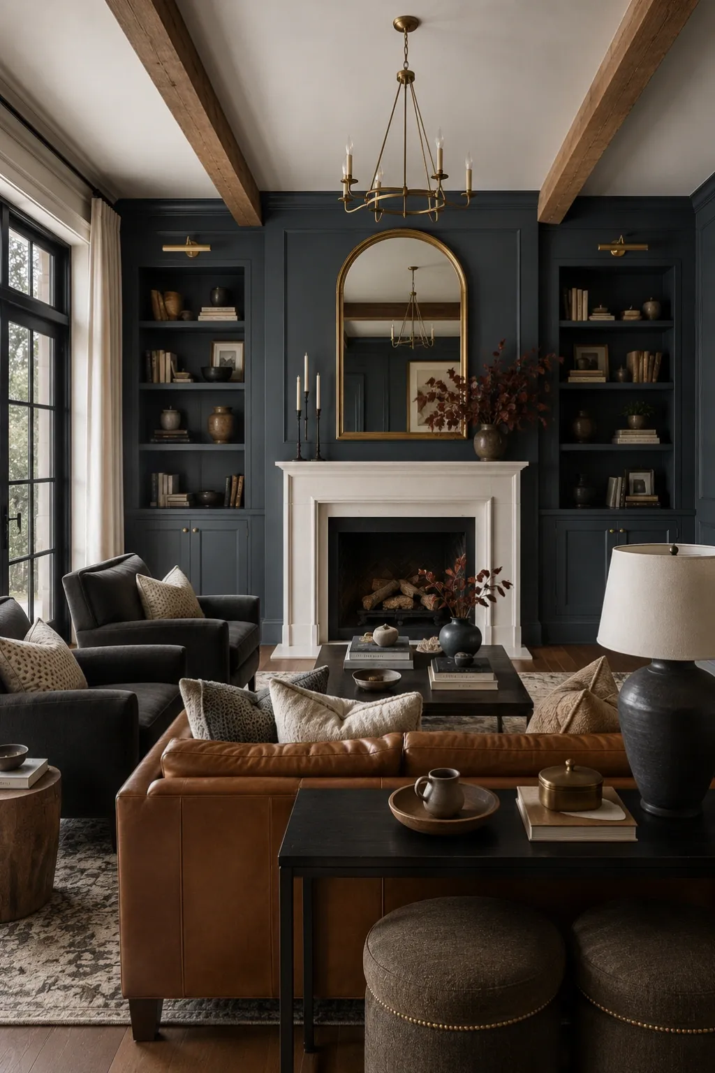 moody living room ideas with dark built in cabinets, brass mirror, chandelier, and layered seating