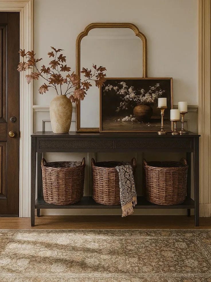 fall entryway table decor ideas with dark console table, tall fall branches, framed artwork, baskets, lamp, and warm autumn styling
