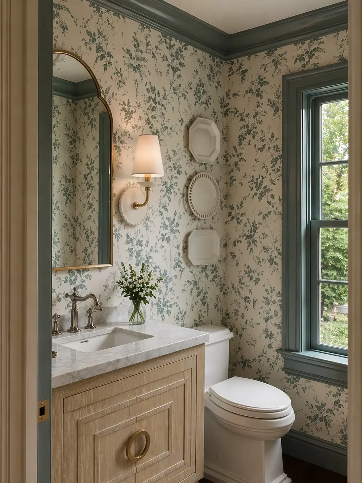 whimsical bathroom with floral wallpaper dark window trim and small vanity