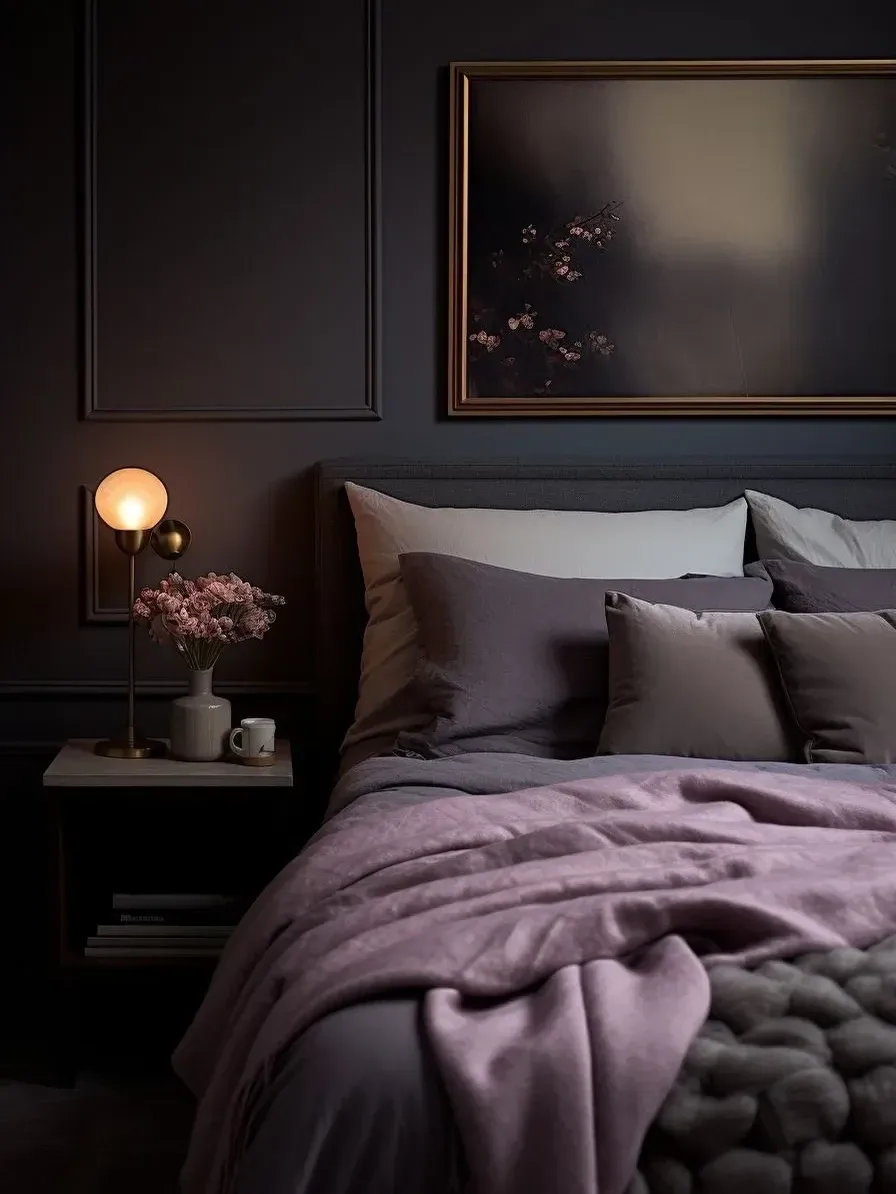 dark boho bedroom ideas with dark paneling, purple bedding, flowers, framed art, and round bedside lamp