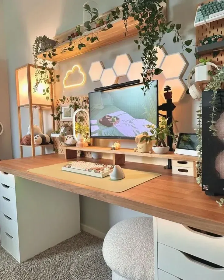 dorm desk ideas with plants shelves monitor peg lights and white drawers