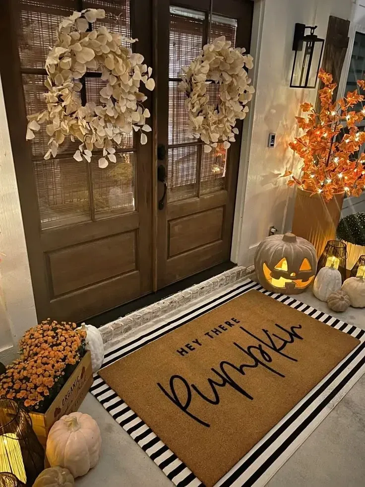 fall porch decor ideas with dried wreaths, double front doors, pumpkin doormat, orange mums, lanterns, and jack-o-lantern