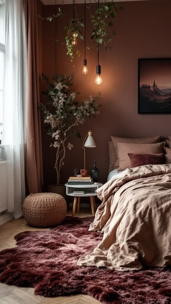 dark boho bedroom ideas with dusty mauve wall, layered bedding, warm lamp, flowers, and cozy pillows
