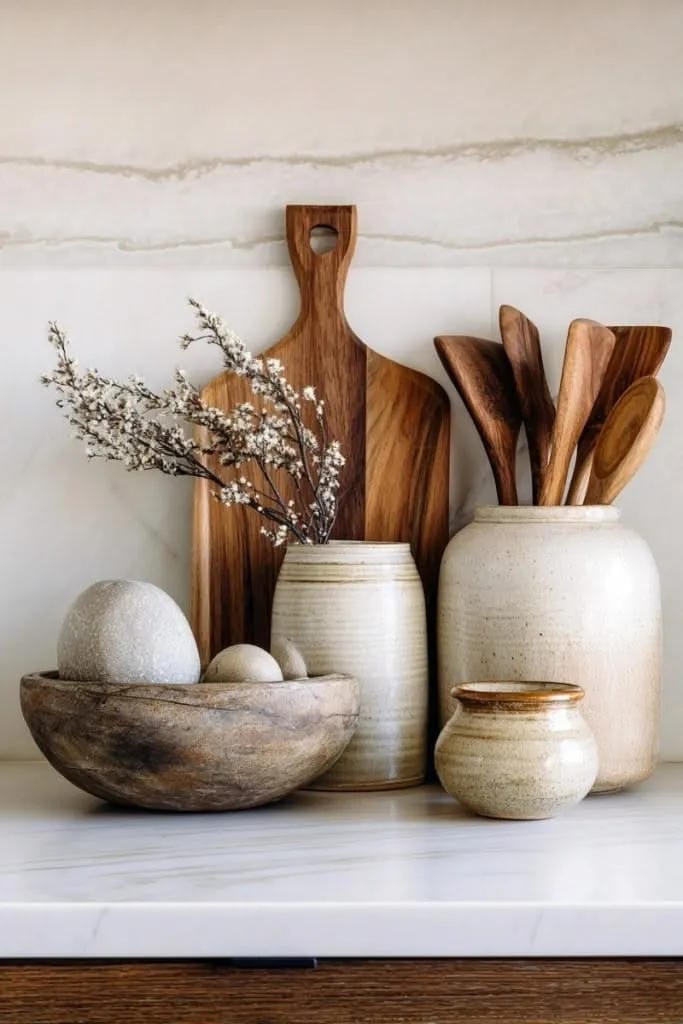kitchen counter decor ideas with wood cutting boards ceramic crocks branches and bowl