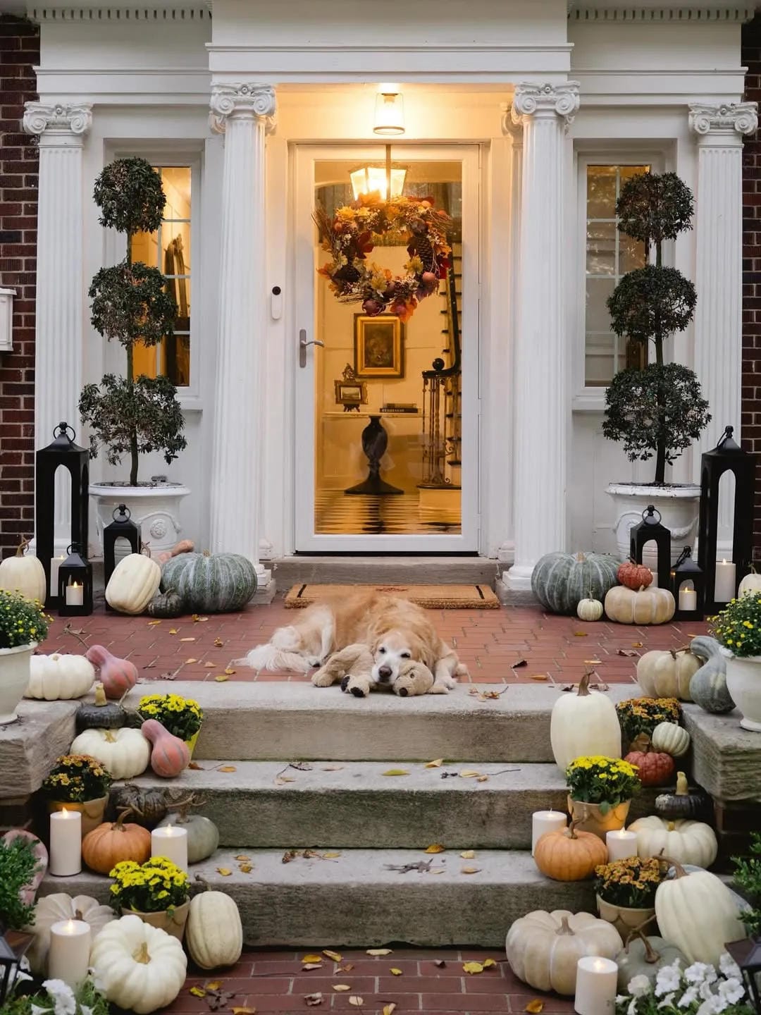 fall front door decor ideas with full harvest porch, pumpkins, topiaries, wreath, lanterns, and dog