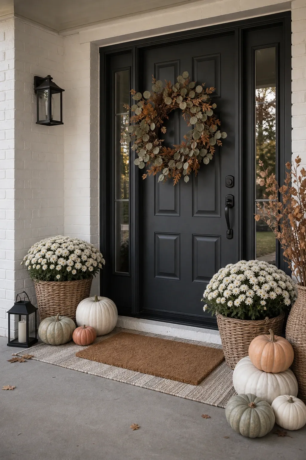 fall front door decor ideas with black double doors, fall wreath, white flowers, pumpkins, lanterns, and layered doormat