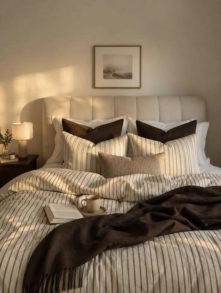 fall bedding idea with layered bedding and bedroom decor