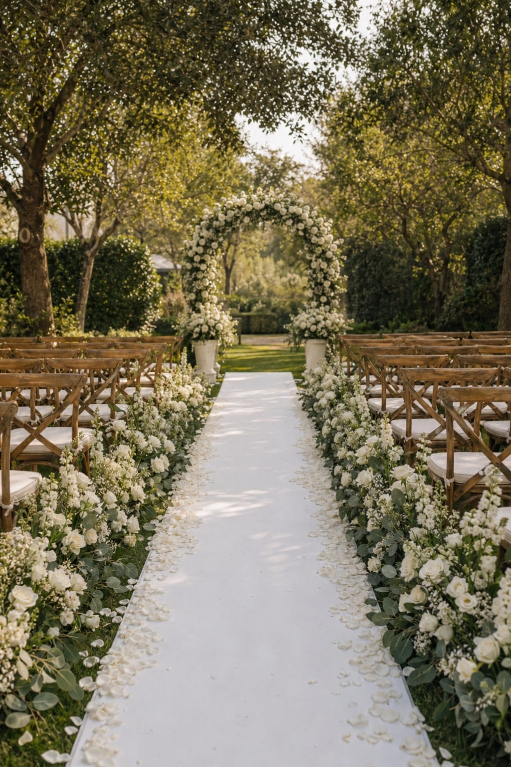 wedding aisle with white rose greenery arch and flower petals
