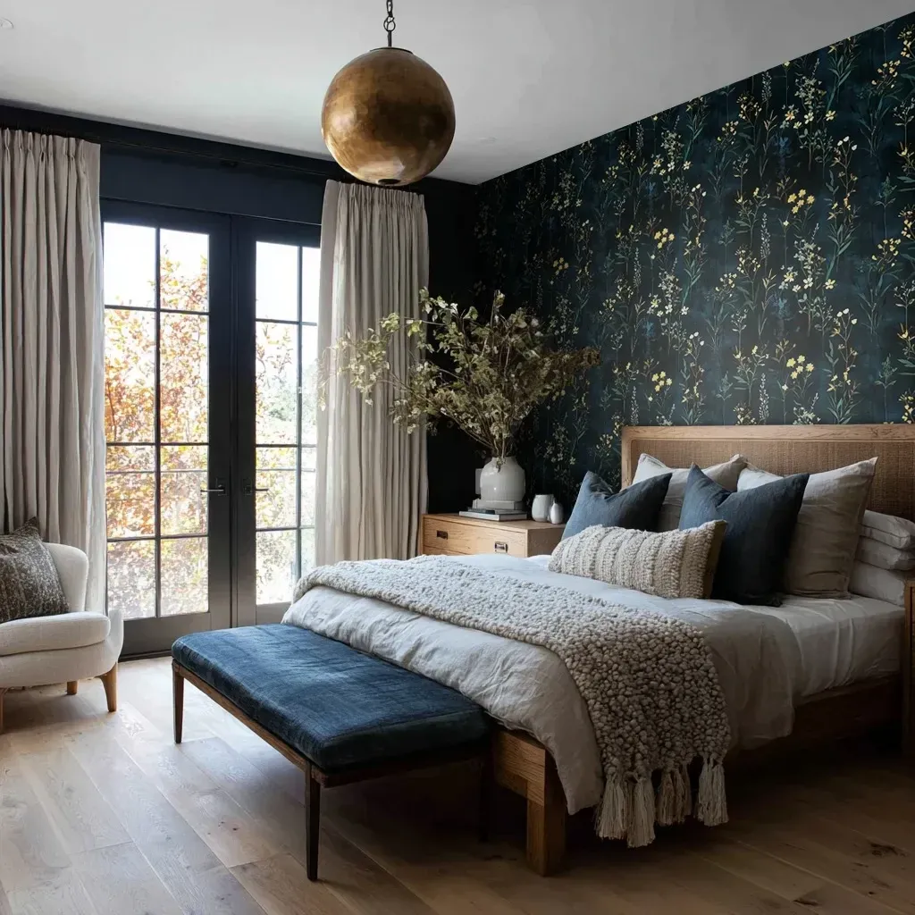 moody bedroom ideas with dark floral wallpaper, black windows, blue bench, and layered neutral bedding