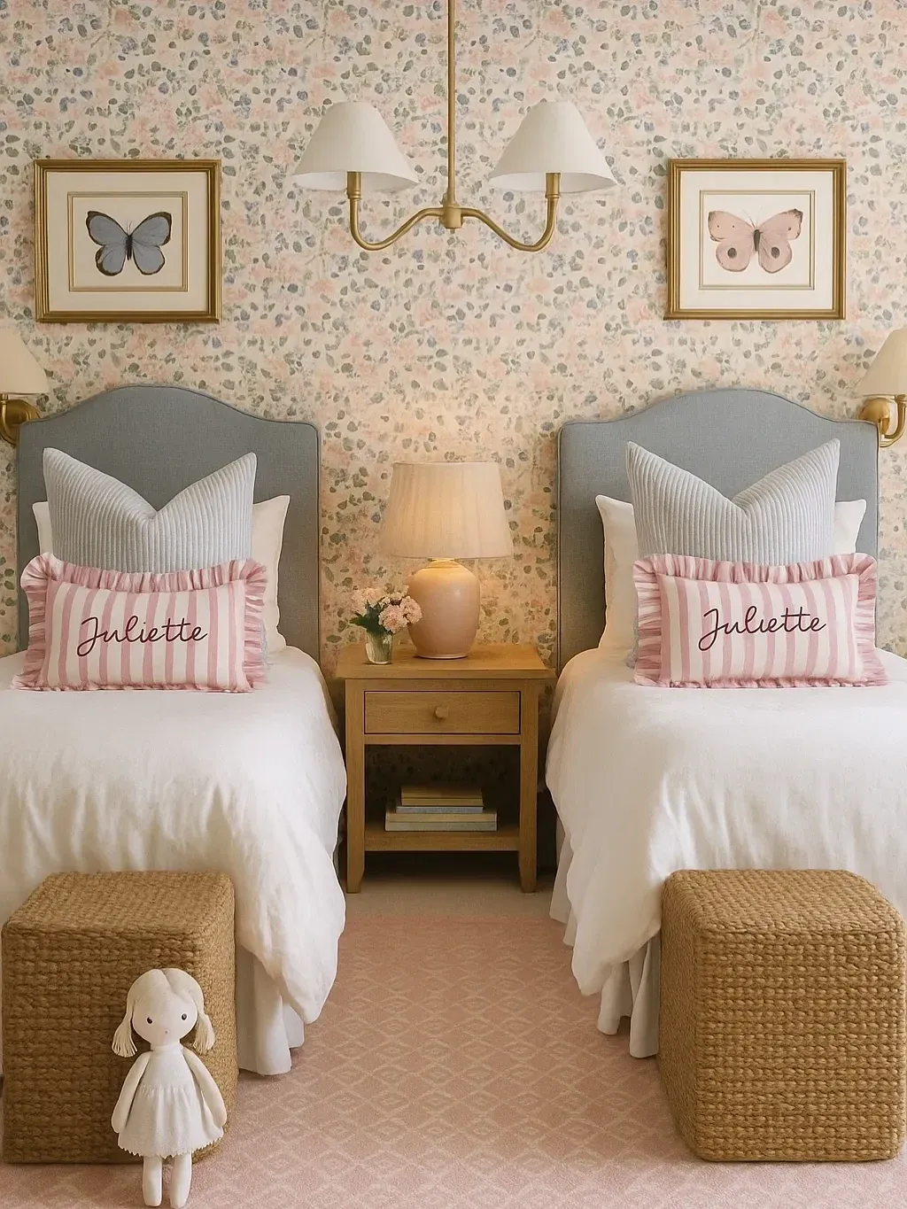 pink and blue dorm room ideas with floral wallpaper, blue headboards, pink pillows, gold sconces, and woven ottomans