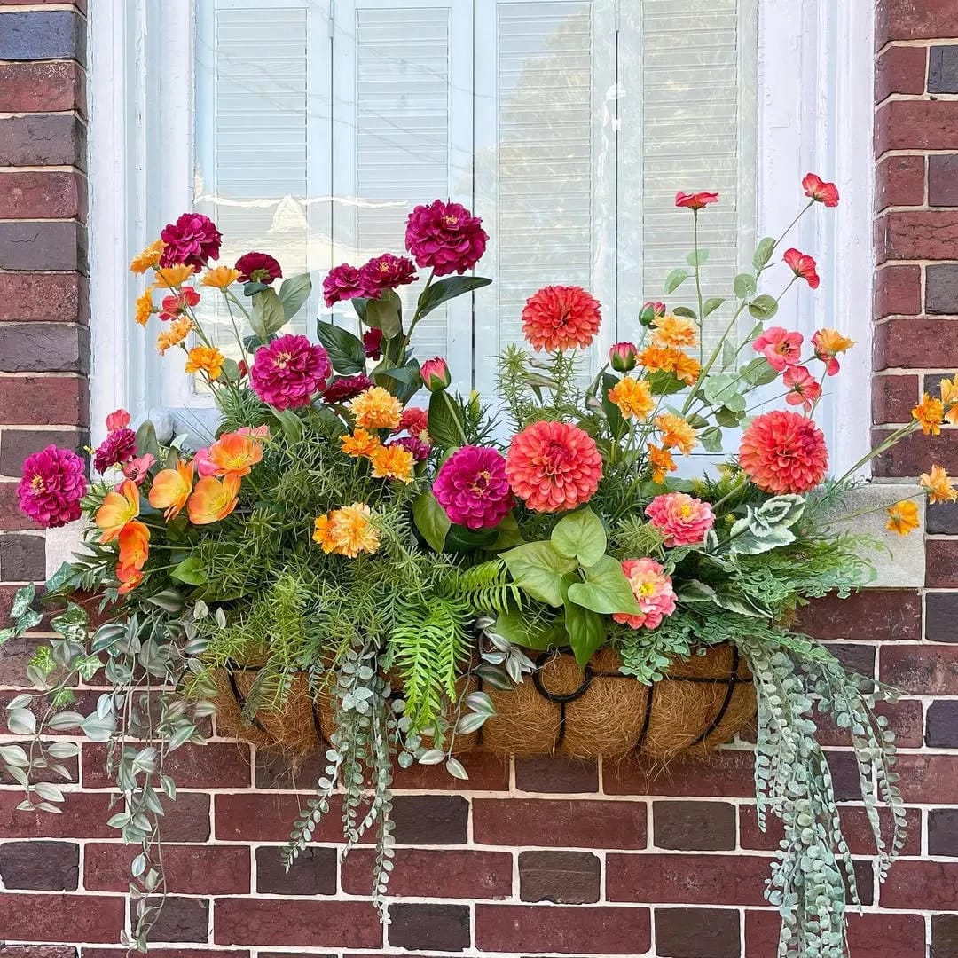 window box flower ideas with mix bright flowers with trailing greenery