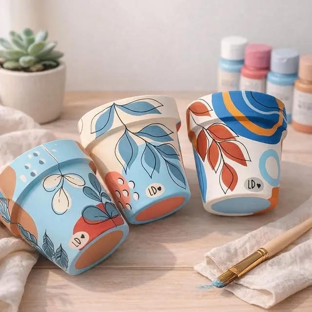 painted flower pots with folk art leaves flowers and colorful patterns