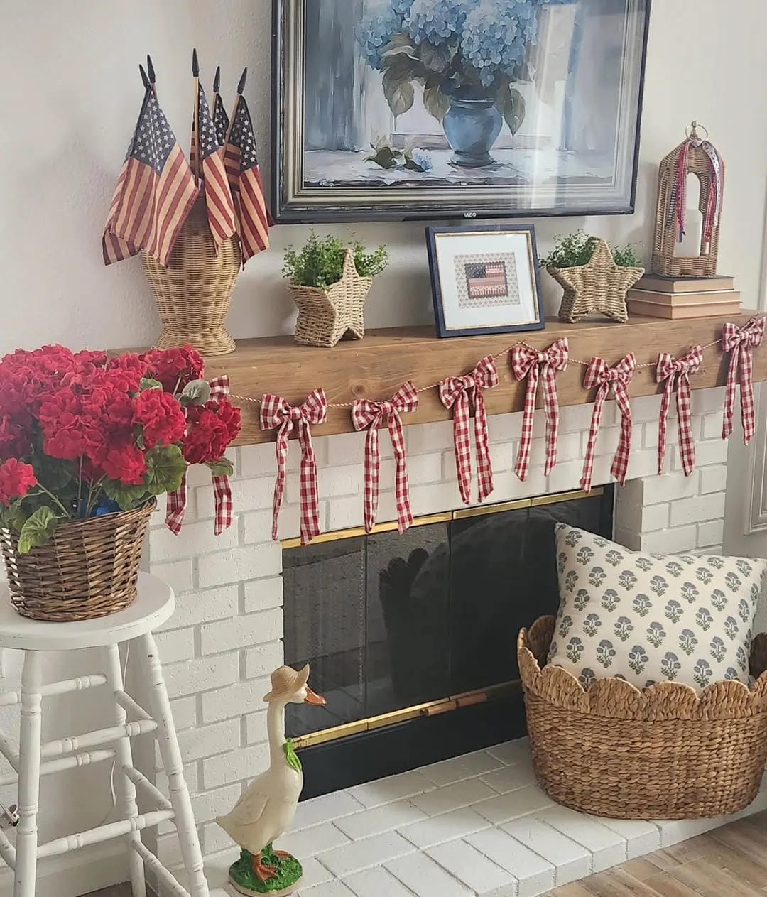 summer mantel decor ideas with mix flags with red flowers