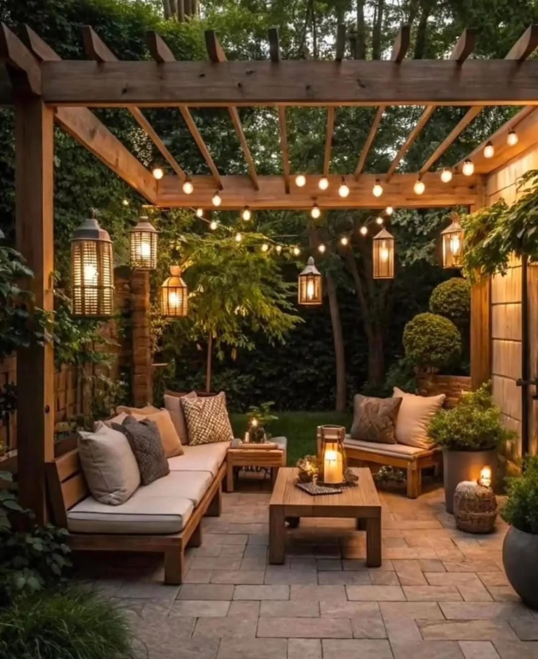 outdoor string light ideas with hang lanterns from a wooden pergola