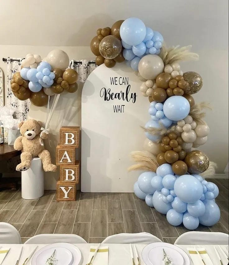 boy baby shower blue and gold balloon backdrop