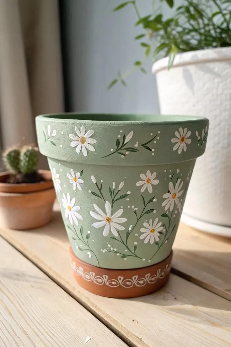 painted flower pot idea with green base white daisies and small vine details