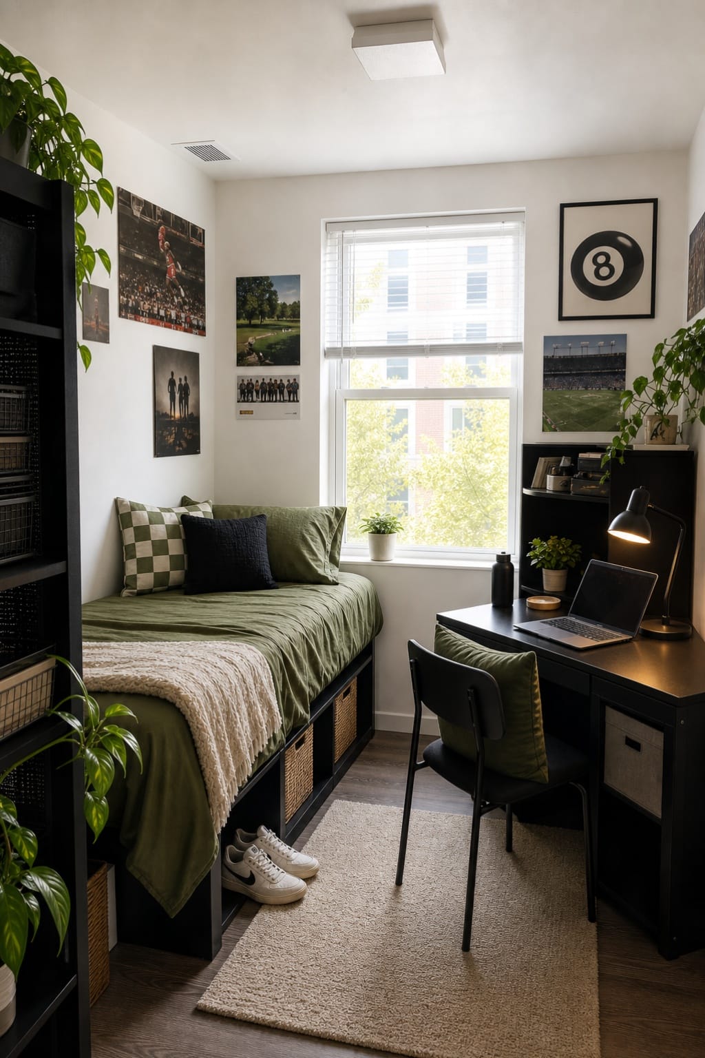 dorm decorating ideas for guys with green bedding, black desk, under bed storage baskets, plants, wall posters, and bright window