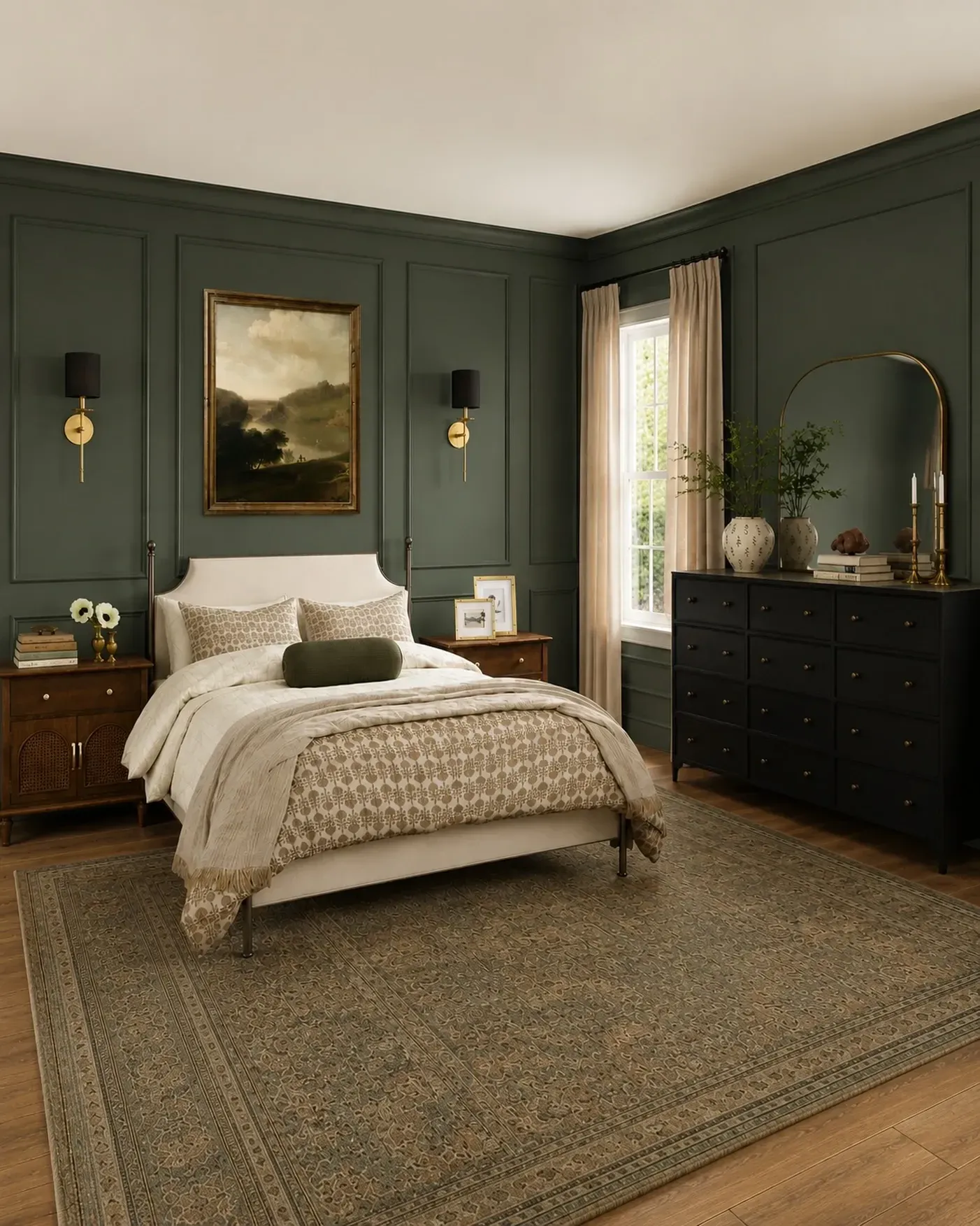 dark boho bedroom ideas with dark green walls, wall sconces, mirror, natural bedding, and vintage rug