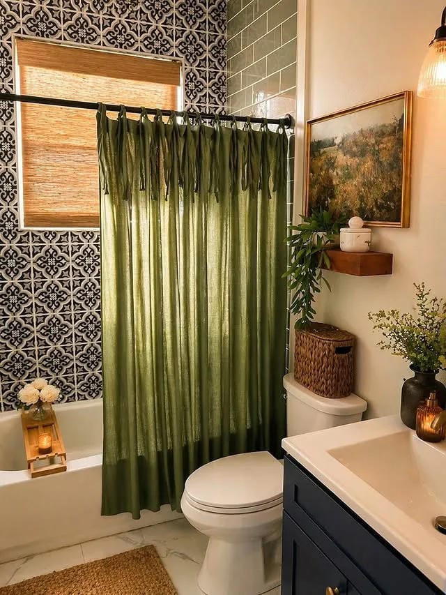 bathroom shelf decor ideas with wood shelves plants basket art and green shower curtain