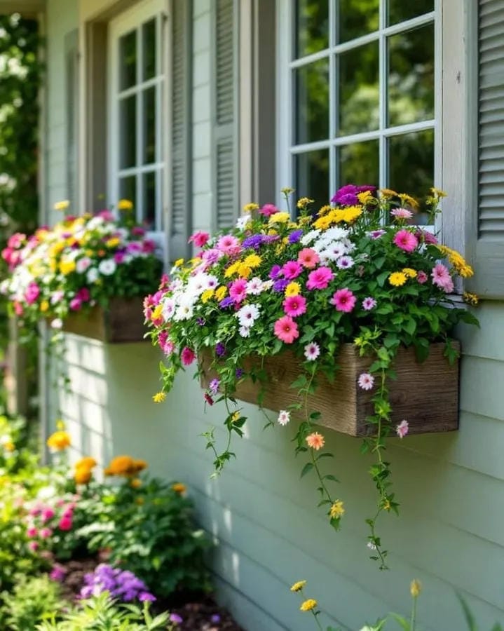 window box flower ideas with add color to a green exterior