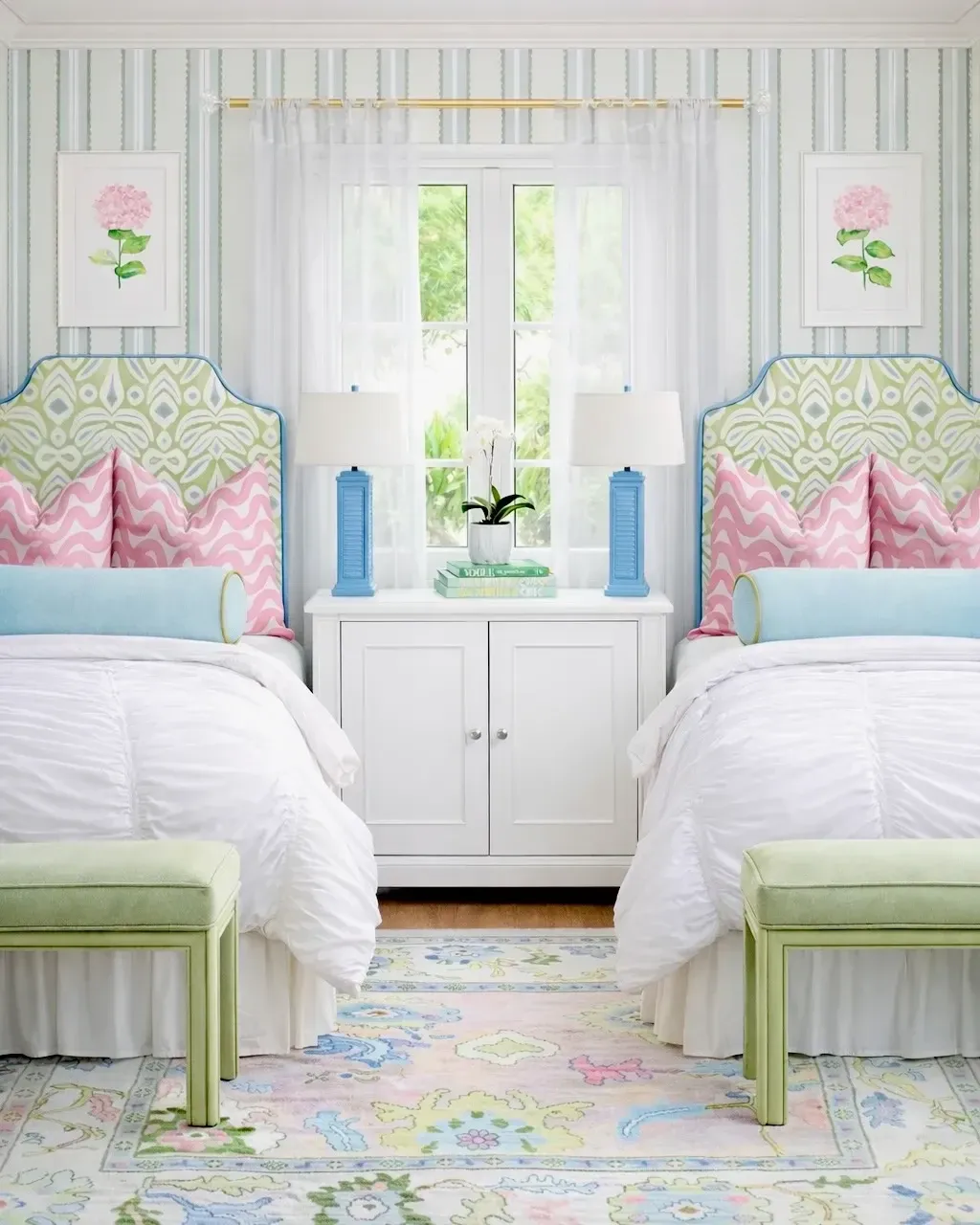 pink and green dorm room ideas with green headboards pink pillows and pastel rug