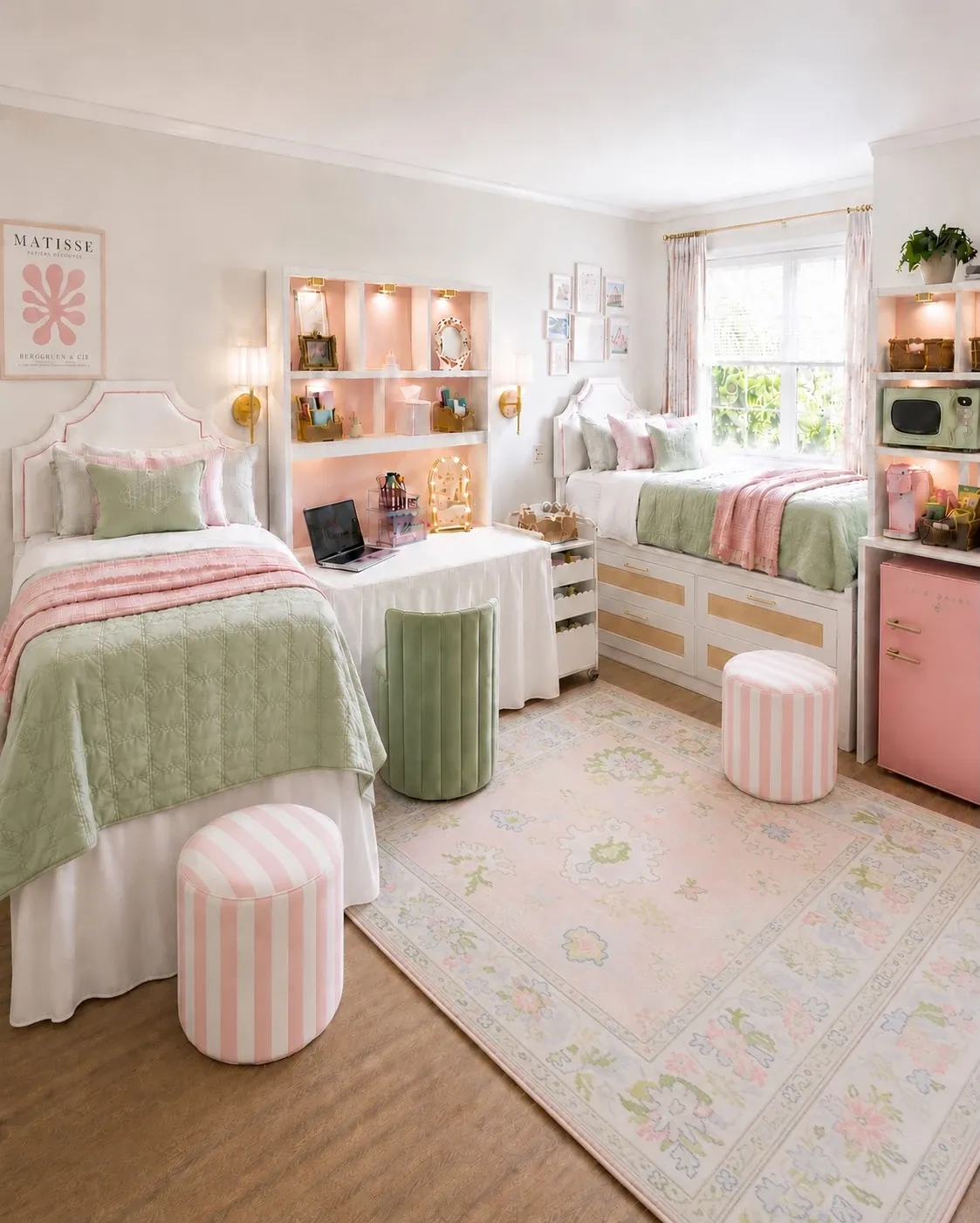 pink and green dorm room ideas with green ottomans pink storage and matching dorm beds