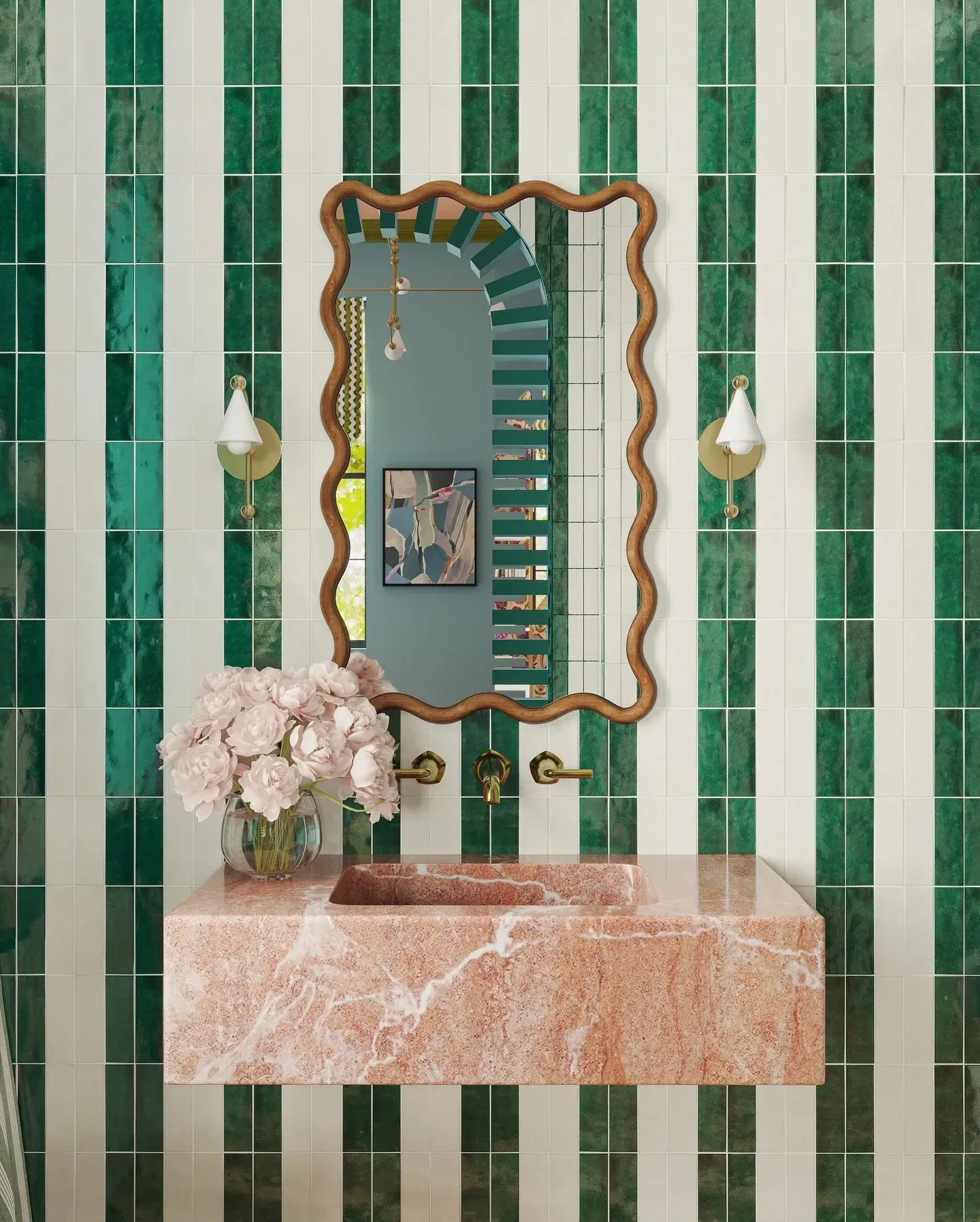 bold bathroom decor with green striped tile wavy mirror and pink stone sink