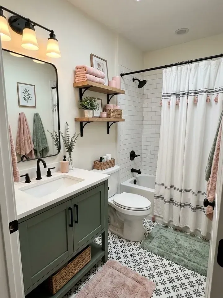 green bathroom ideas with green vanity, patterned floor, shelves, striped shower curtain, and wall lights