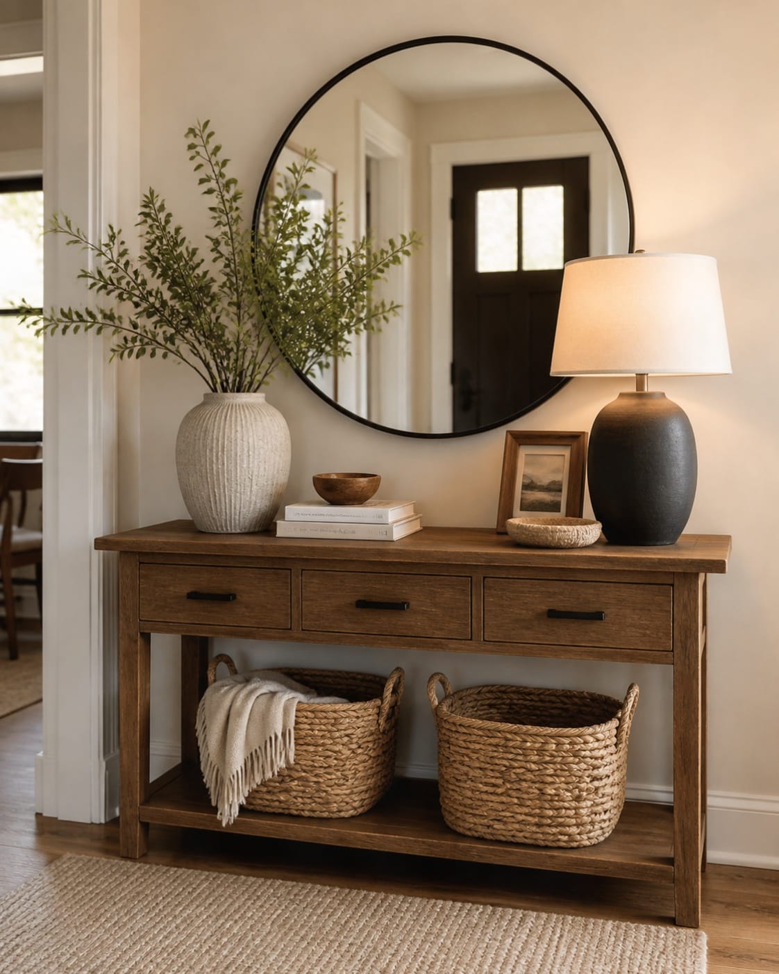 entryway table decor with round black mirror leafy stems lamp wood console and woven baskets