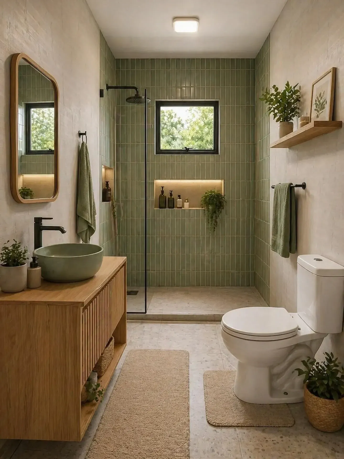 green bathroom ideas with sage shower tile, wood vanity, black fixtures, floating shelf, and plants