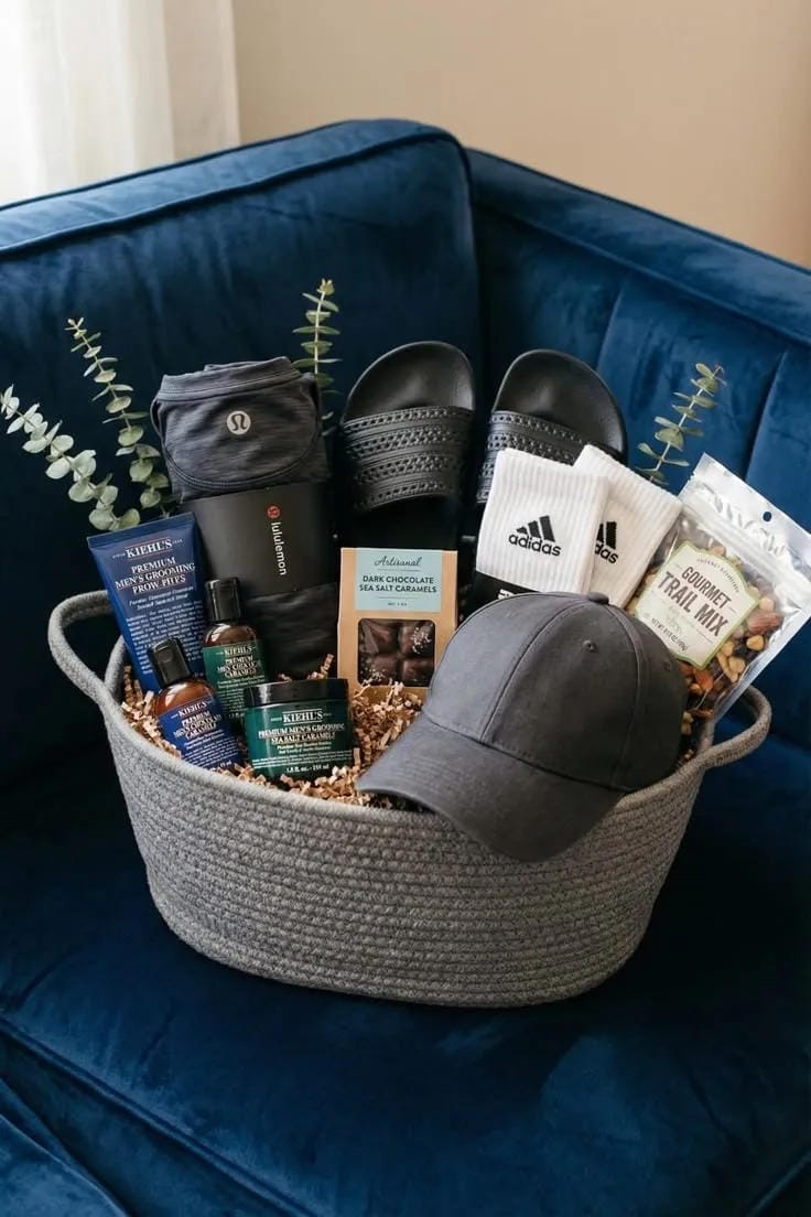 fill a woven basket with caps and grooming gifts