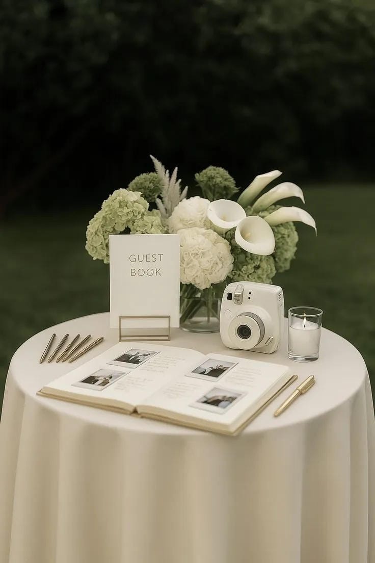 wedding welcome table idea with guest book and floral decor