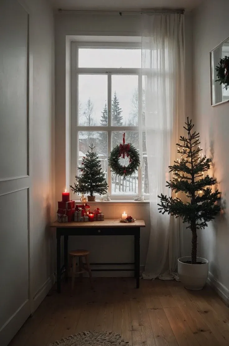 Scandinavian Christmas hallway with a small tree for Scandinavian Christmas decor