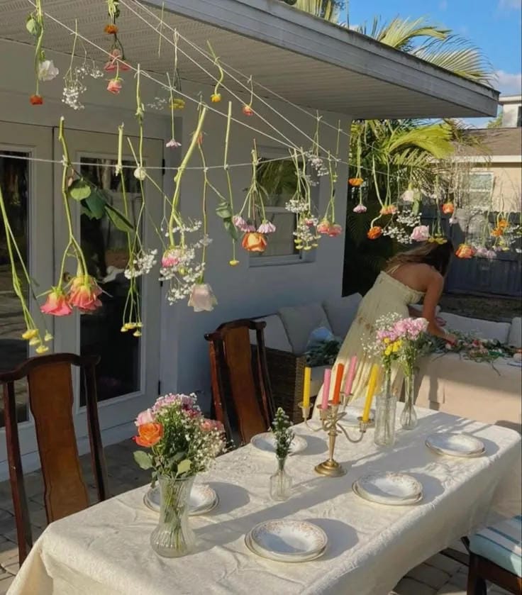 garden bridal shower decorations with flowers and greenery