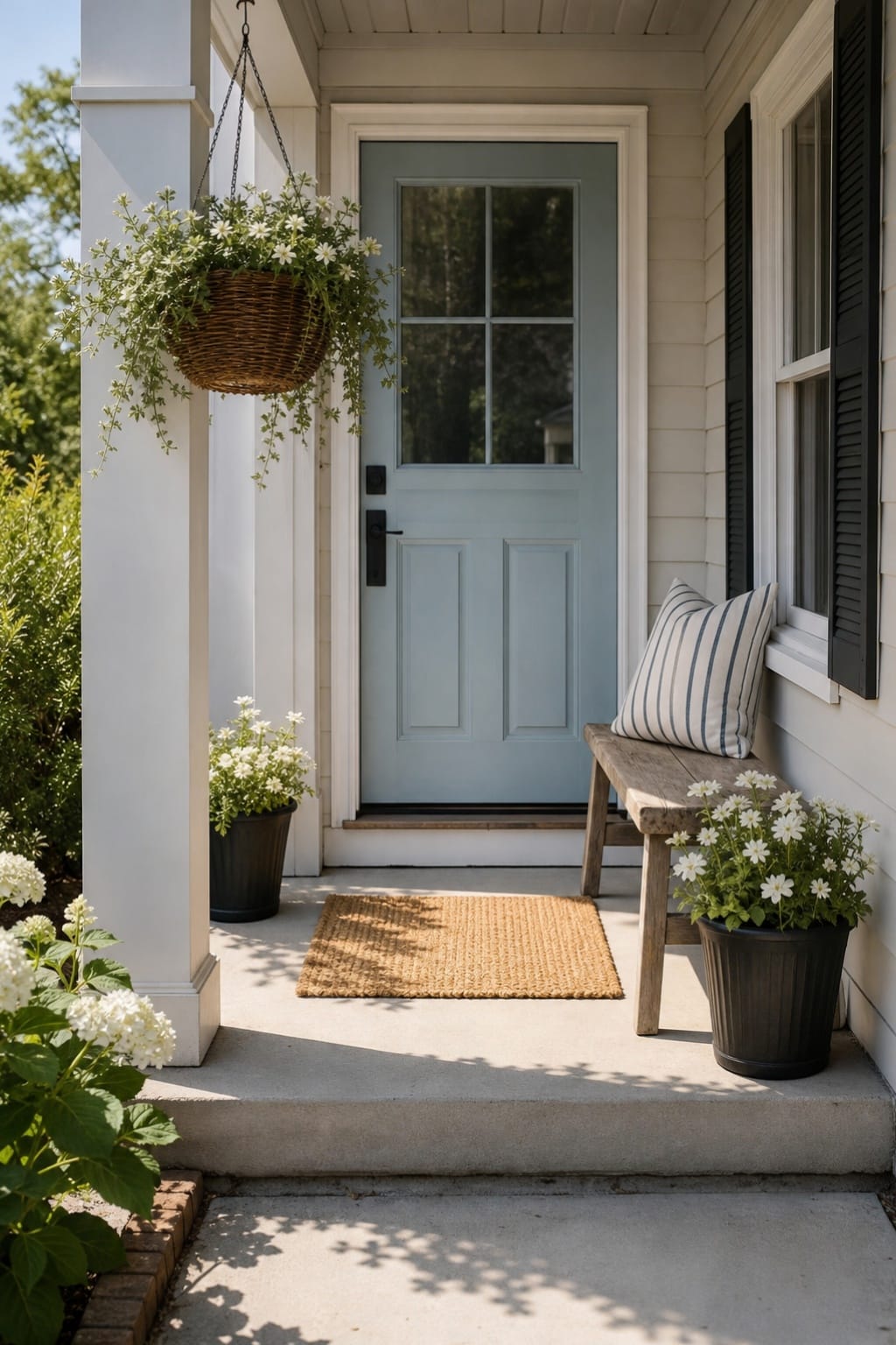 small front porch ideas with hanging flower basket small bench black planters and blue door