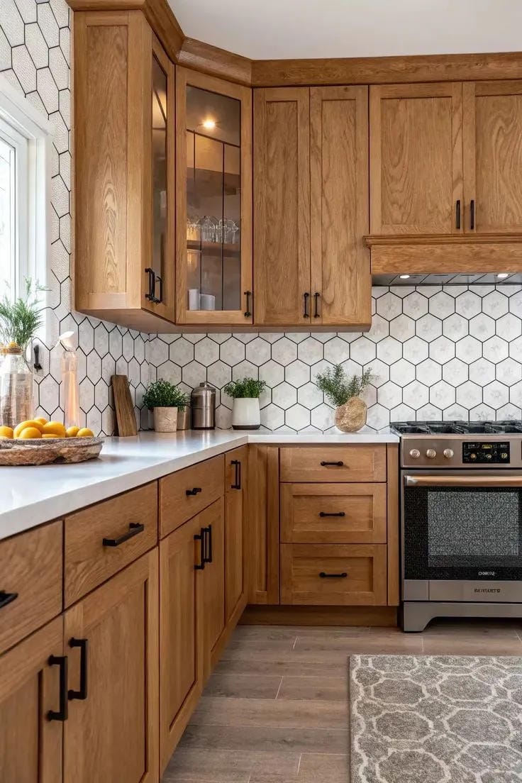 kitchen flooring ideas with honey oak cabinets