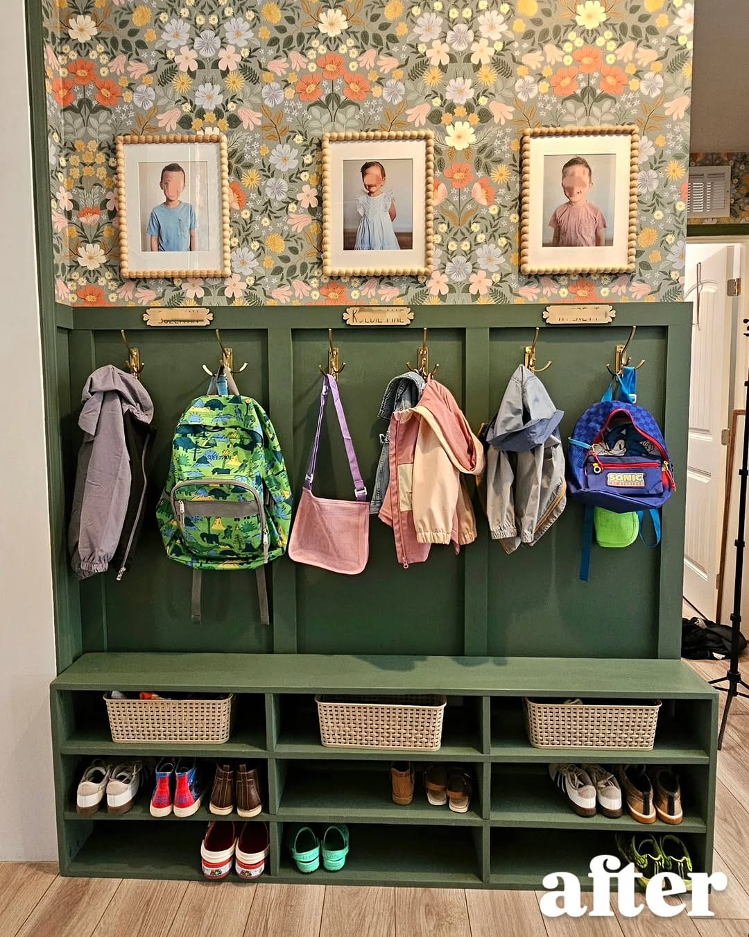 back to school entryway storage with bench and baskets