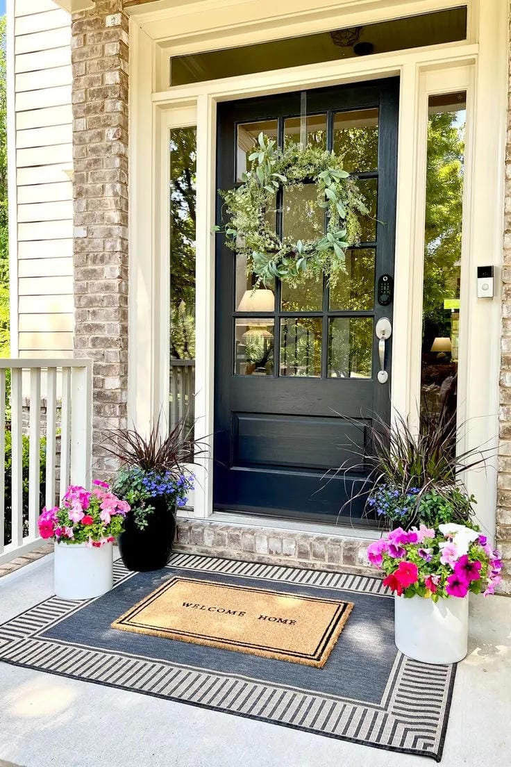 small front porch ideas with layered doormats colorful flowers black door and wreath