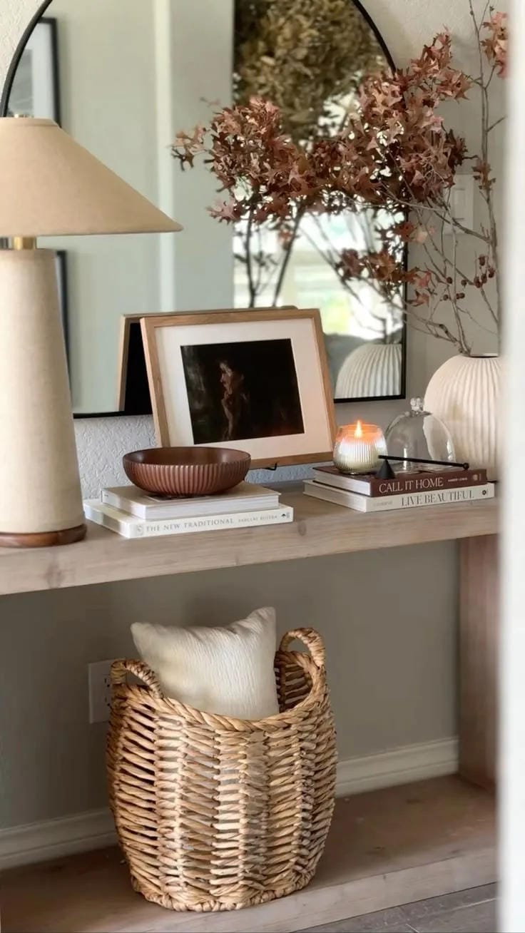 fall entryway table decor ideas with framed art, autumn stems, candle, books, glass cloche, lamp, basket, and neutral console table