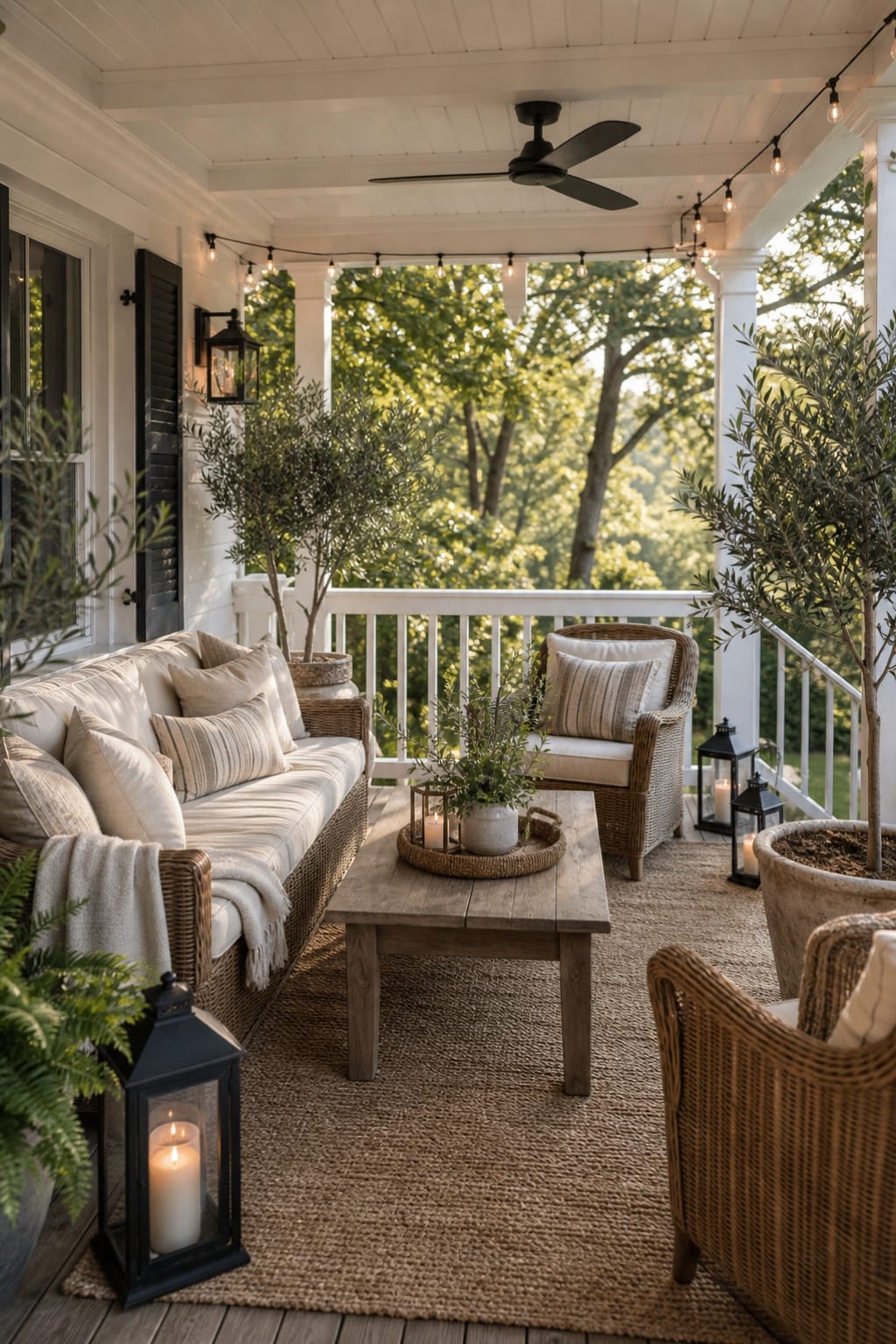 covered porch ideas with neutral outdoor sofa wicker chairs lantern and coffee table