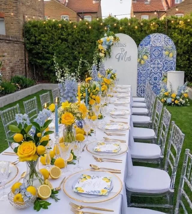 garden outdoor bridal shower setup with elegant decor