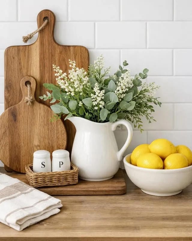 kitchen counter decor ideas with wood cutting boards lemons white pitcher and greenery