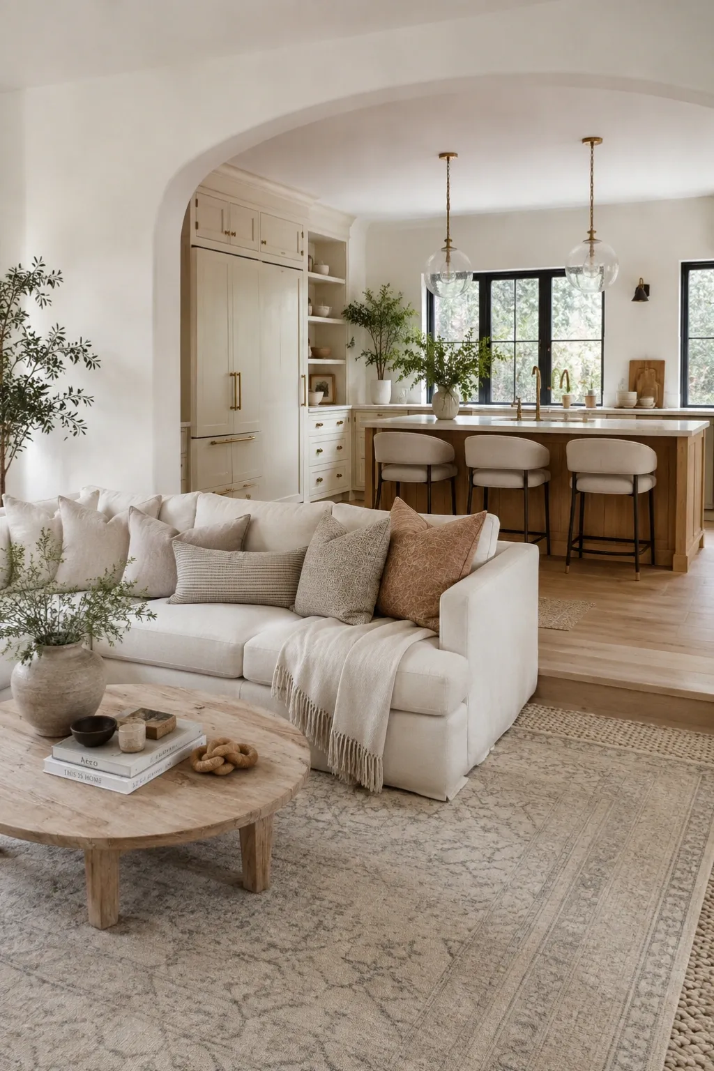 relaxed coastal living room ideas with neutral sofa, wood table, greenery, and woven texture