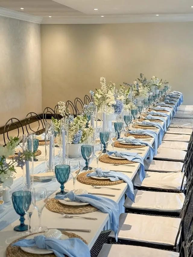boy baby shower long table with blue glassware