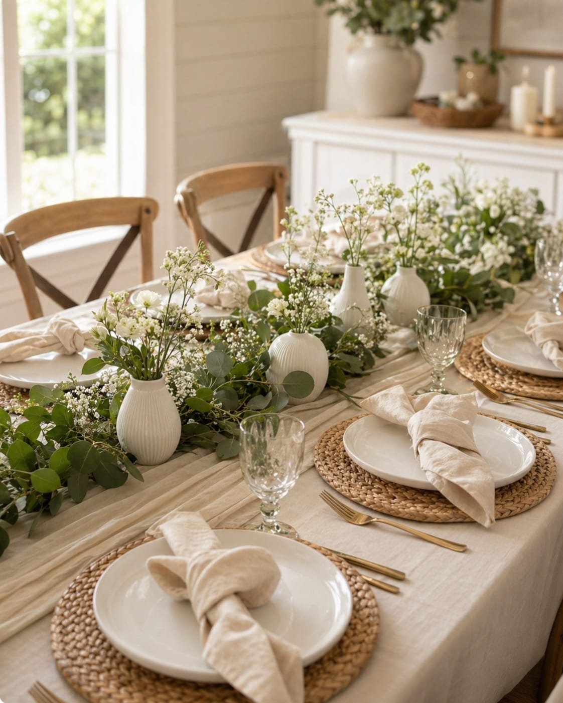 affordable neutral baby shower table runner with greenery