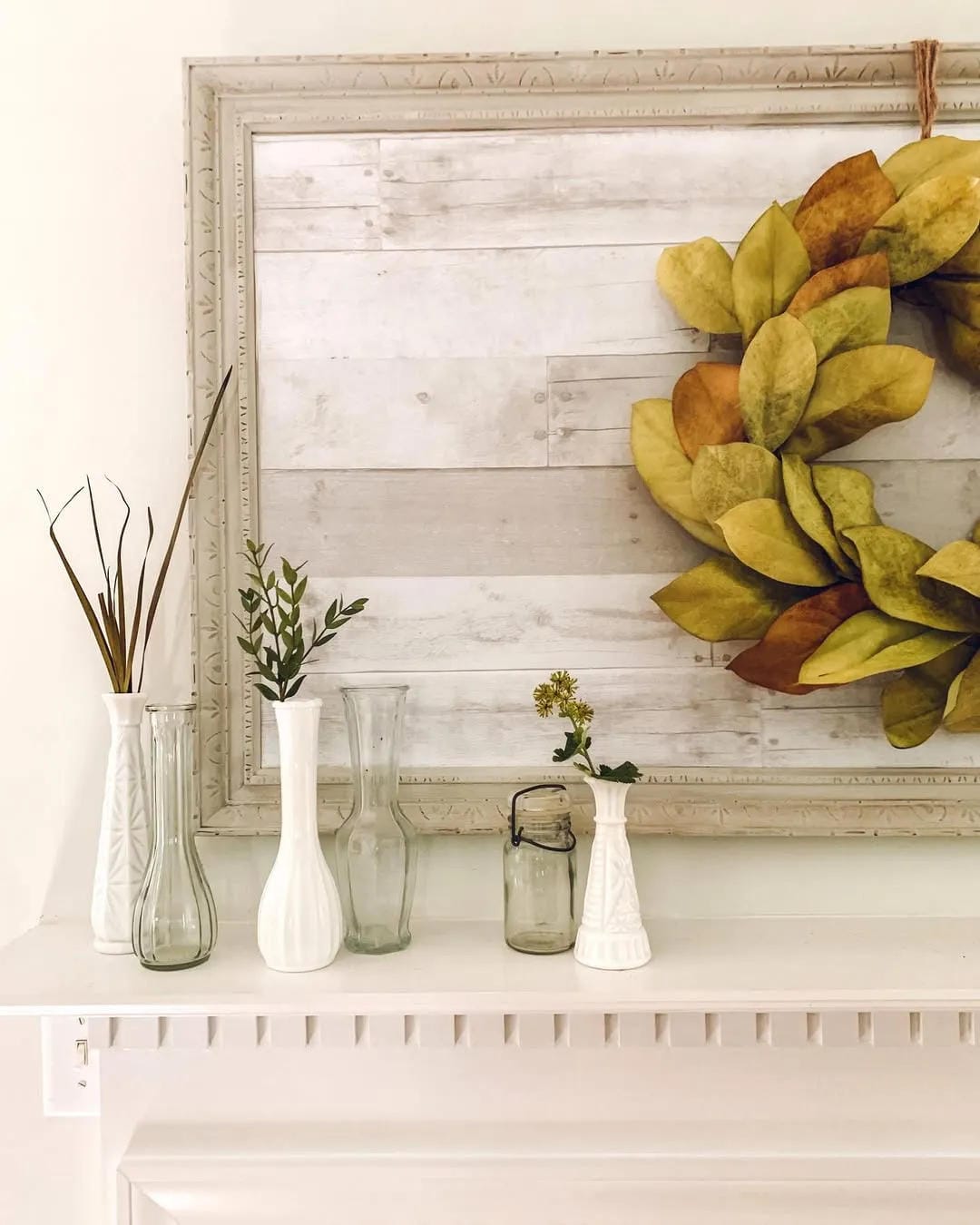 summer mantel decor ideas with use a magnolia wreath on wood art