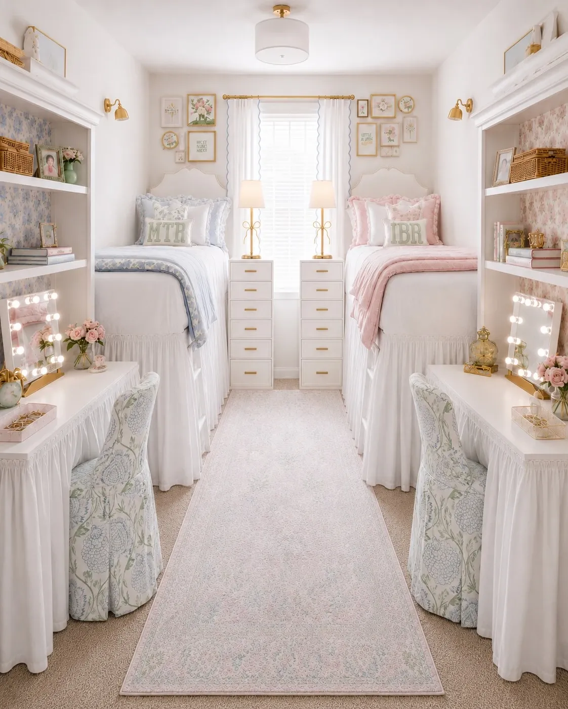 dorm desk ideas with matching desks under lofted beds and soft pink decor