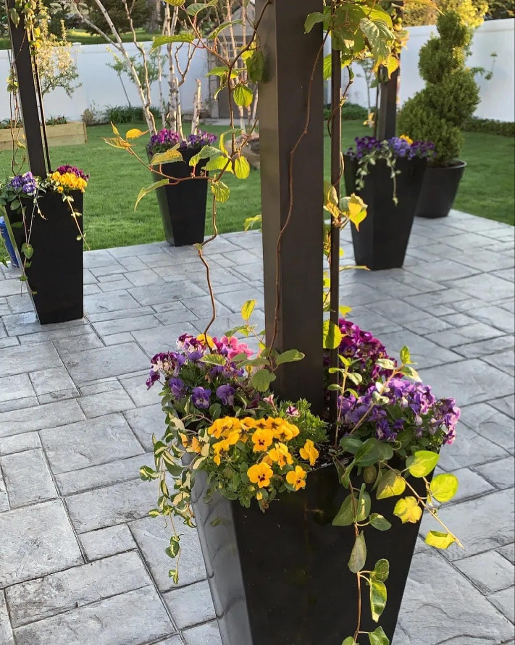 tall outdoor planter ideas with hang matching planters from a pergola