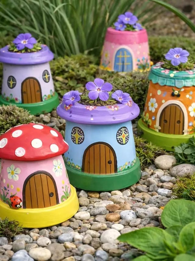 painted flower pots with colorful fairy house doors and mushroom designs