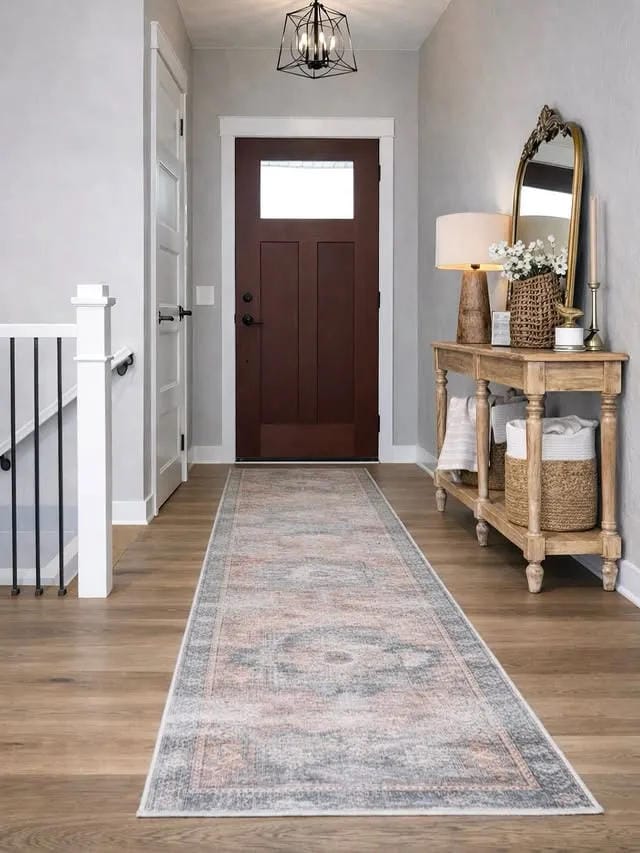 entryway table decor with runner rug lamp baskets and long hallway styling